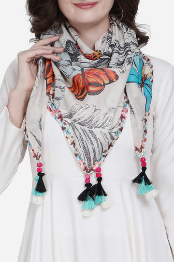 Floral Print Off White Color Pure Cotton Scarf
